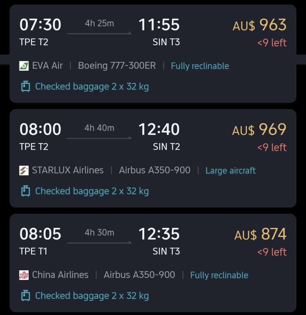 Decision between the three airlines of Taiwan: China Airlines charging AU$874, EVA Air $963, STARLUX $969